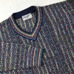 Vintage Pointe Italy Sweater Mens Large 3D Knit Colorful V-Neck Made in Italy